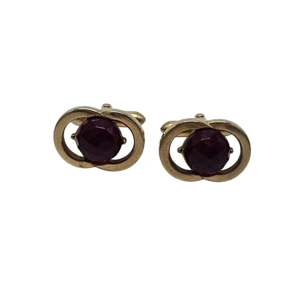 Vintage Swank Double Ring Cufflinks With Red Rose Cut Ruby Rhinestone